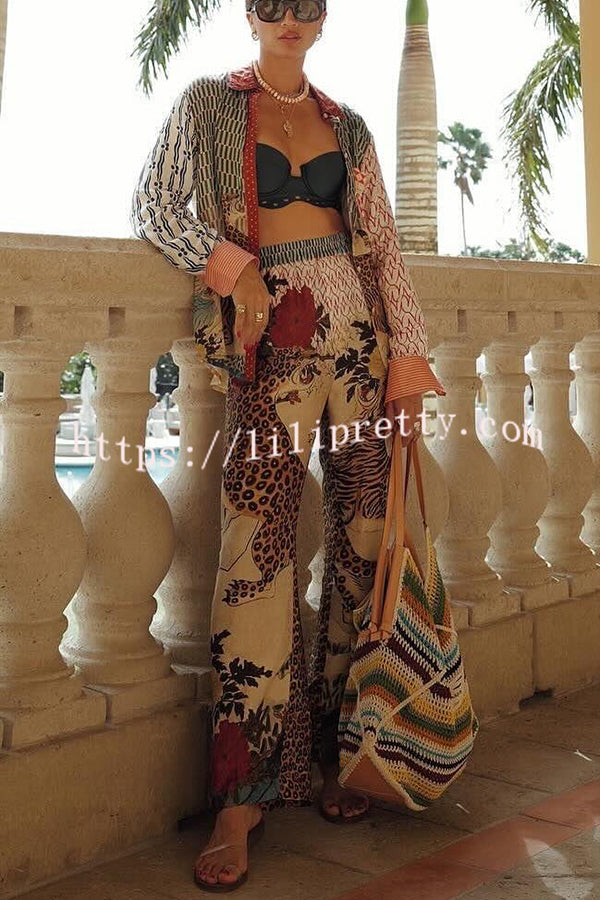 Tropical Jungle Tiger Unique Print Long Sleeve Loose Shirt and Elastic Waist Pants Set