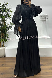 Ellah Shiny Fabric Chinese Stand Collar Twist Waist Balloon Sleeve Maxi Dress