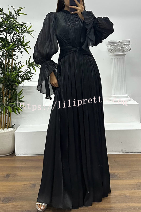 Ellah Shiny Fabric Chinese Stand Collar Twist Waist Balloon Sleeve Maxi Dress