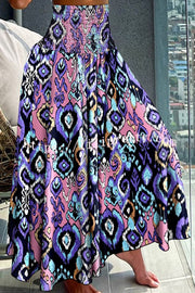 Unique Printed Pleated Elastic Waist Holiday Casual Maxi Skirt