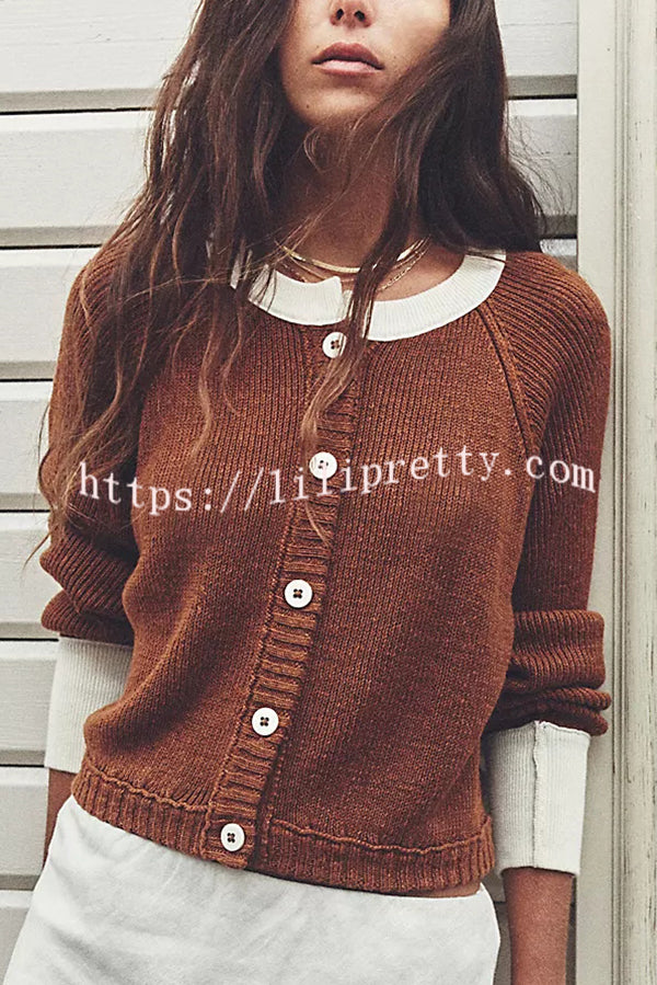 Stylish Contrasting Crew Neck Buttoned Knitted Cardigan