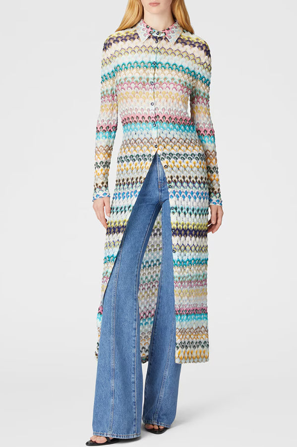 Anna Knit Colorful Herringbone Print Shirt Neck Button Long Sleeve Slim-fit Long Cardigan
