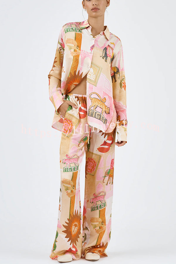Unique Printed Casual Long Sleeved Shirt Top and Elastic Waist Loose Pants Sets