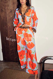 Color-block Poppy Leopard Print Trim Loose Shirt and Elastic Waist Pocketed Pajama Set