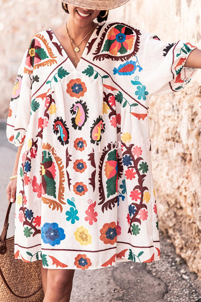 Unique Print Loose V-Neck Lantern Sleeve Mini Dress