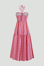 Bohemian Holiday Style Unique Print Halter Neck Tie Slit Midi Dress