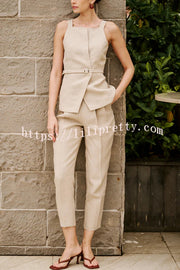 Tylah Linen Blend Square Neck Belted Vest and High Rise Pocket Loose Tapered Trousers Set