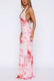 Fashion Printed Halter Neck Backless Lace-Up Sexy Slim Maxi Dress