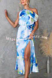 Satin Unique Print One Shoulder Tie Waist Slit Maxi Dress