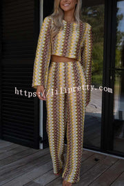 Tamia Knit Colorful Wave Unique Print Crop Top and Stretch Wide Leg Pants Set