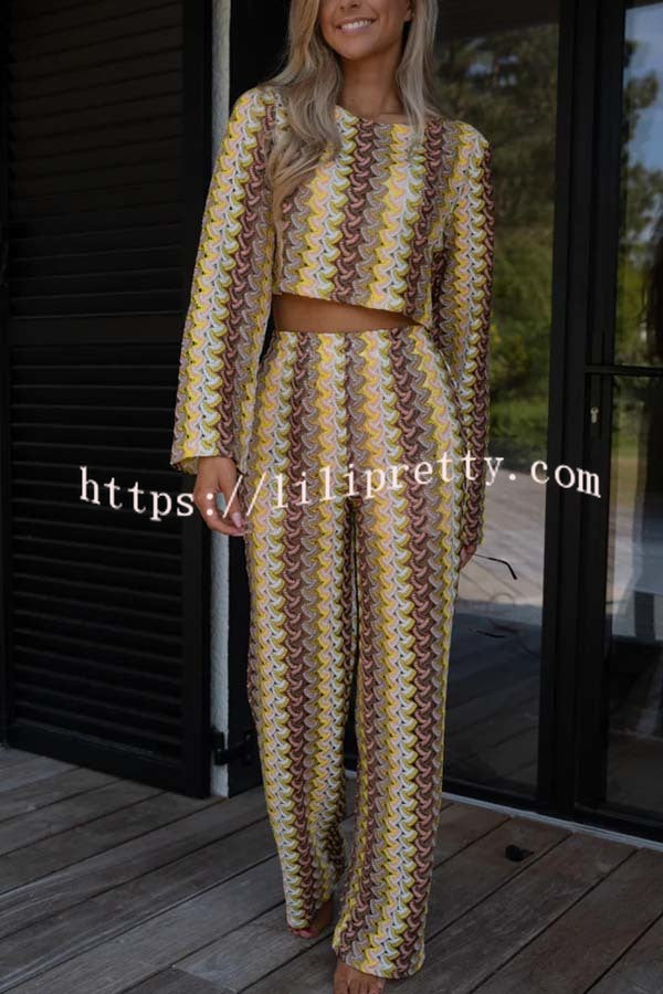Tamia Knit Colorful Wave Unique Print Crop Top and Stretch Wide Leg Pants Set