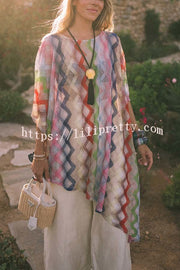 Sun Washed Knit Colorful Zigzag Pattern Asymmetric Hem Loose Cover-ups Kaftan