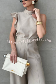 Fashionable One-shoulder Ruffled Top and Casual Simple Straight-leg Suit Pants Set