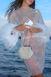 Lilipretty Night Surprise Rhinestone Fabric Feather Sleeve Party Mini Dress