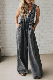 Fashionable and Casual Sleeveless V-neck Lace-up Loose Pocket Jumpsuit