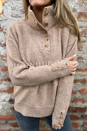 Solid Color High Collar Button Loose Long Sleeve Knitted Sweater