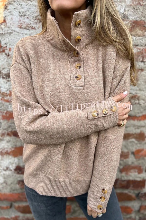 Solid Color High Collar Button Loose Long Sleeve Knitted Sweater