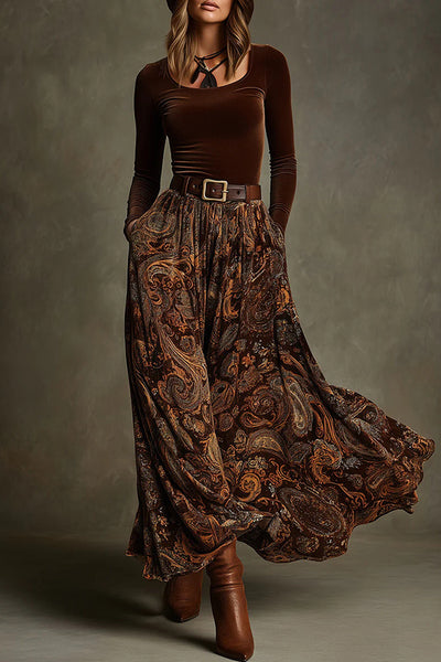 Stylish Velvet Long-sleeved Fitted Top and Unique Printed Casual Pocket Maxi Skirt Set