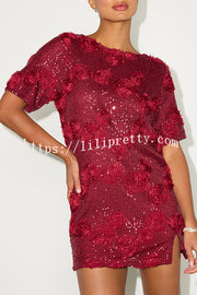Feeling Exquisite Sequin-embellished Rose Texture Short Sleeve H-line Mini Dress