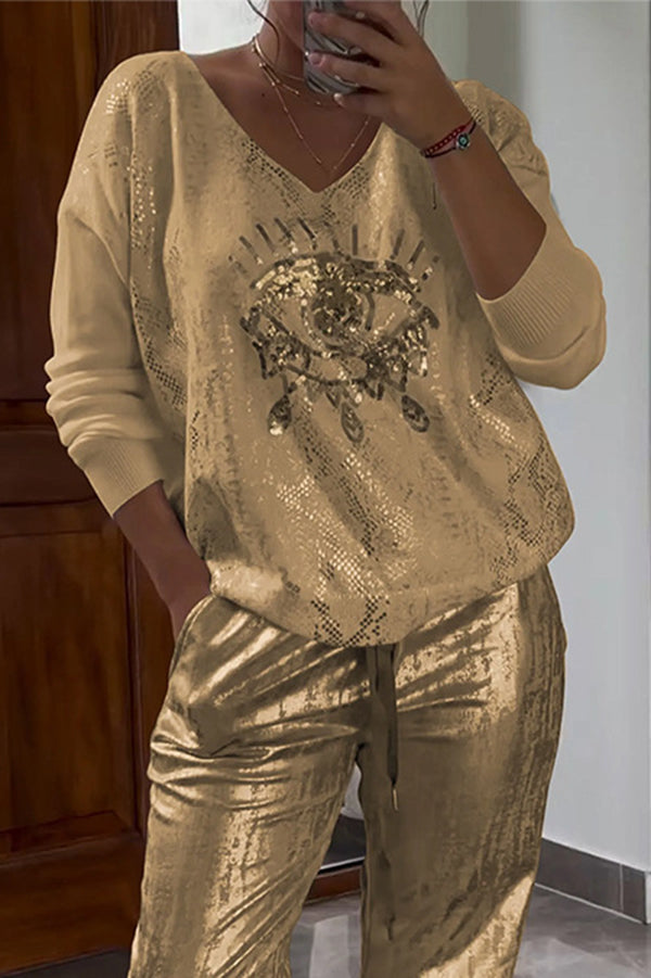 Three-dimensional Eye V-neck Long-sleeved Hot Stamping Top