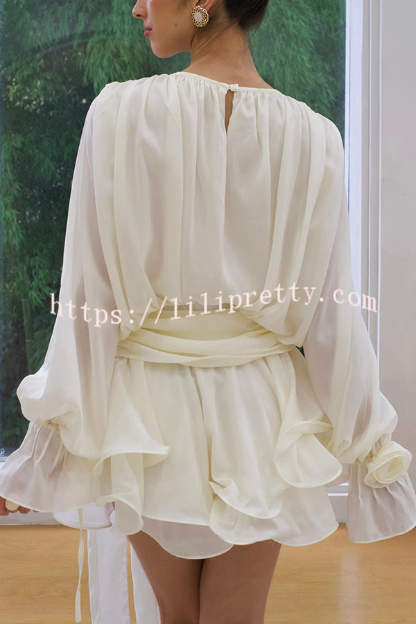 Solid Color Long Sleeve V-Neck Lace-Up Elegant Flower Decorated Mini Dress