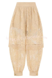 Ellie Lace Gathered Waist Pocket Button Ankle Cuffs Harem Pant