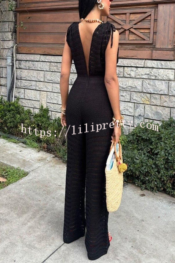 Solid Color Knitted V-neck Holiday Hollow Casual Jumpsuit