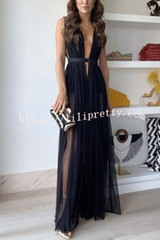 Sexy Muse Semi-sheer Tulle Fabric Fixed Back Tie-up Maxi Dress