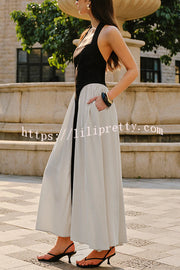 Fashion Contrast Color Stitching Sleeveless Backless Slim Maxi Dress