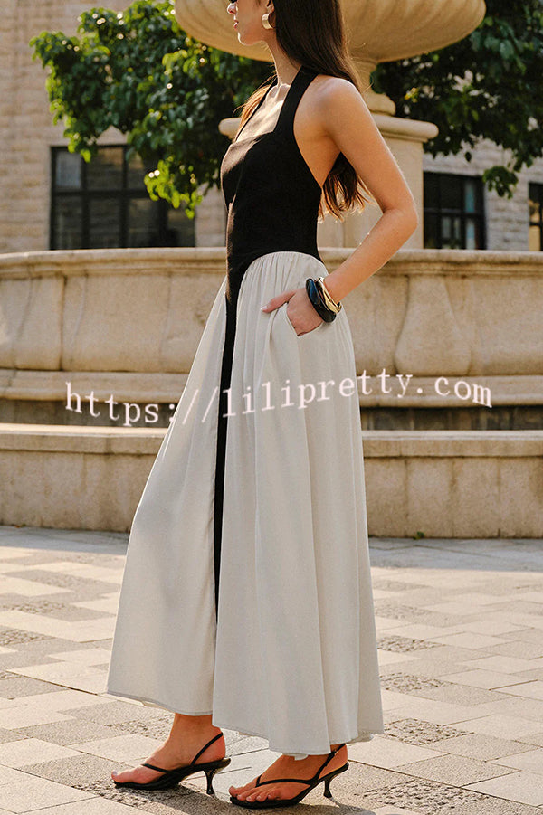 Fashion Contrast Color Stitching Sleeveless Backless Slim Maxi Dress