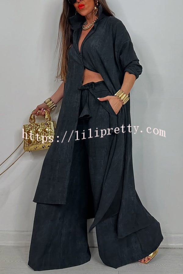 Solid Color Casual Loose Long Shirt and Elastic Waist Pocket Wide Leg Pants Set