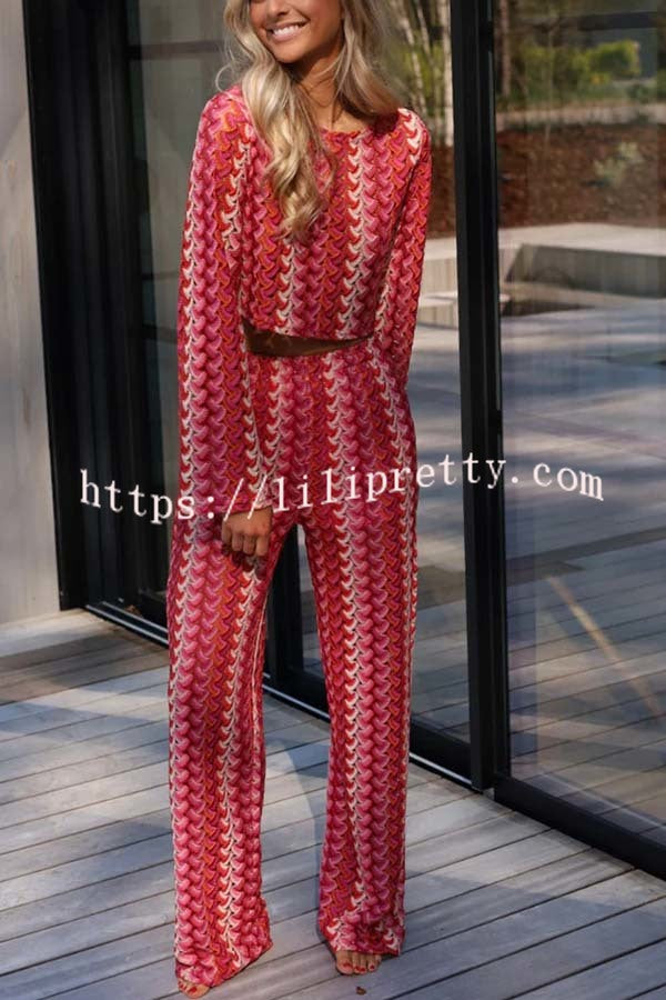 Tamia Knit Colorful Wave Unique Print Crop Top and Stretch Wide Leg Pants Set