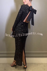 Lilipretty Looking To Party Sequin Padded Shoulder Backless Bow Design Maxi Dress