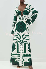 Holiday Fashion Unique Print Front Center Hollow Ring Long Sleeve Maxi Dress