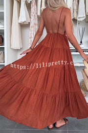 Bohemian Style V-neck Backless Slip Layered Vacation Maxi Dress