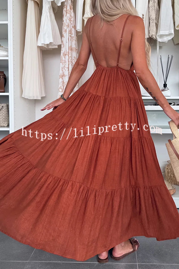 Bohemian Style V-neck Backless Slip Layered Vacation Maxi Dress