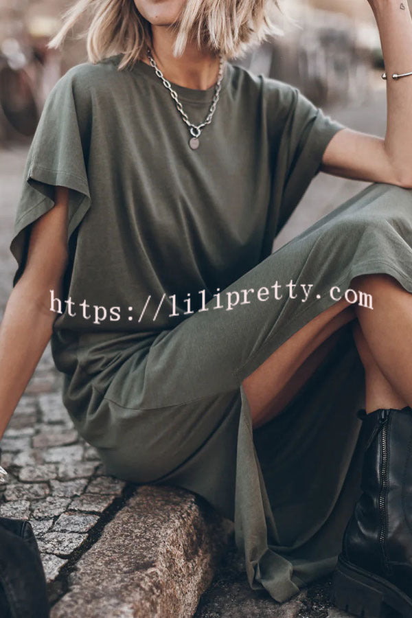 Simple and Effortless Open Sleeve Slit Oversized T-shirt Midi Dress