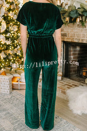 Lilipretty Holiday Star Velvet Lace Up Pocket Wide Leg Jumpsuit