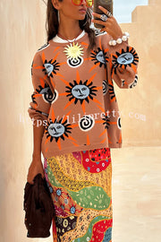Mediterranean Art Knit Unique Sun Vortex Print Long Sleeve Relaxed Sweater