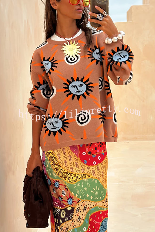 Mediterranean Art Knit Unique Sun Vortex Print Long Sleeve Relaxed Sweater