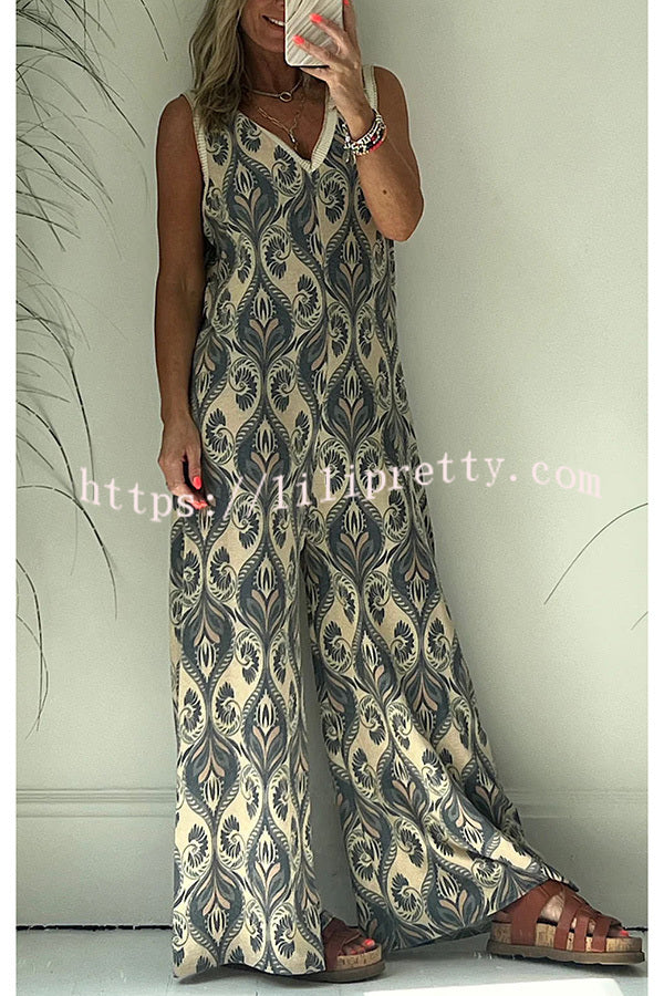 Moroccan Inspired Printed Texture V-neck Loose Jumpsuit