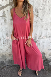 Linen Blend Solid Color Suspenders Loose Pockets Casual Wide-leg Jumpsuit