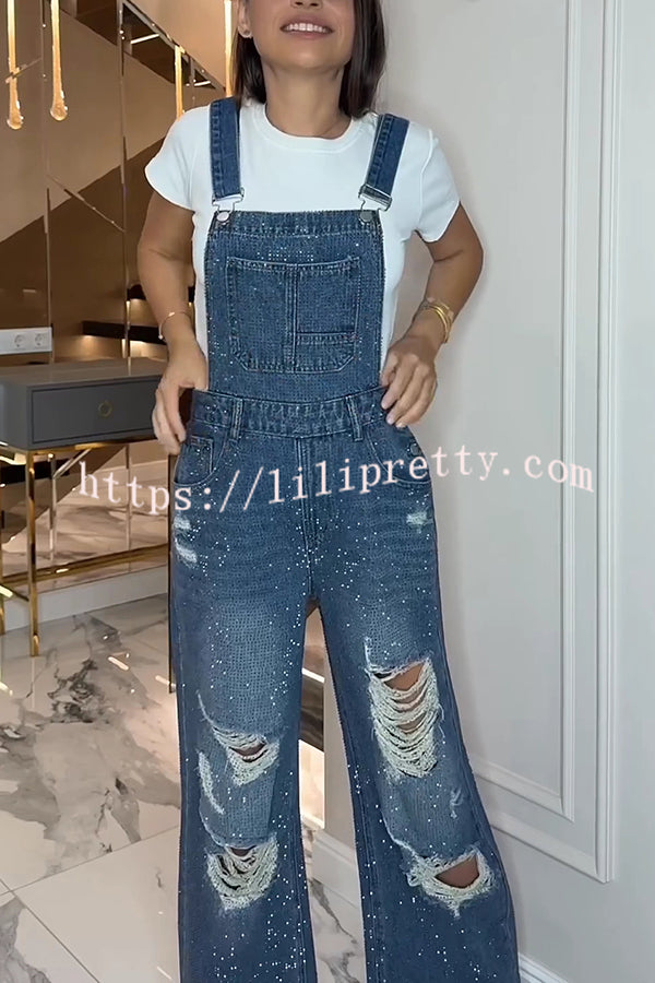 Fashionable Hot Diamond Casual Pocket Ripped Denim Overalls