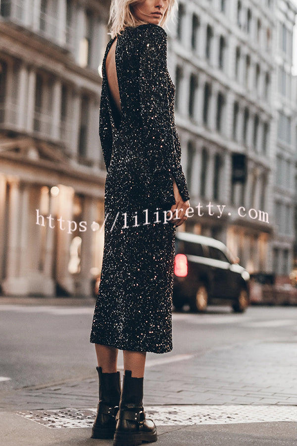 Ignite Sparkly Nights Sequin Extra Long Sleeve Open Back Loose Midi Dress