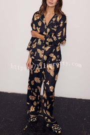 Golden Night Unique Print Color-block Trim Loose Shirt and Elastic Waist Pocketed Pajama Set