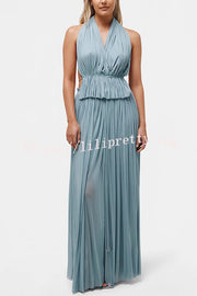 Pure Lightness Chiffon Pleated Halter Backless Top and Elastic Waist A-line Maxi Skirt Set