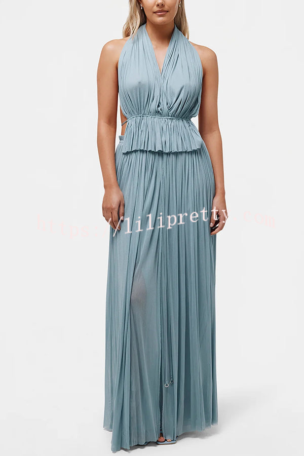 Pure Lightness Chiffon Pleated Halter Backless Top and Elastic Waist A-line Maxi Skirt Set