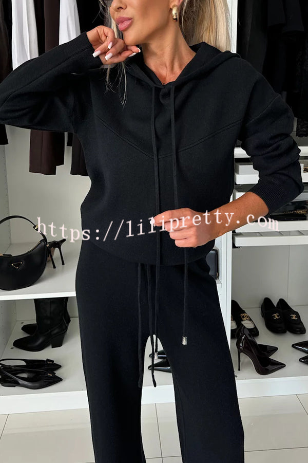 Solid Color Loose Hooded Tie Sweatshirt and Elastic Waist Casual Straight Pants Set