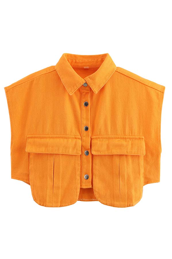 Stylish Weekend Denim Button Up Cape Sleeve Pocket Crop Top