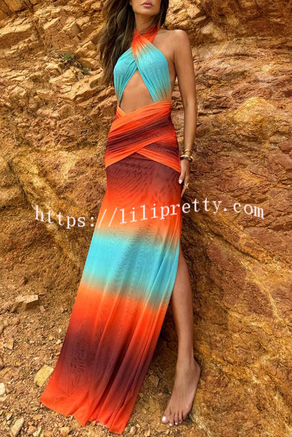 Neon Sunset Mesh Printed Cross Halter Neck Backless Vacation Maxi Dress